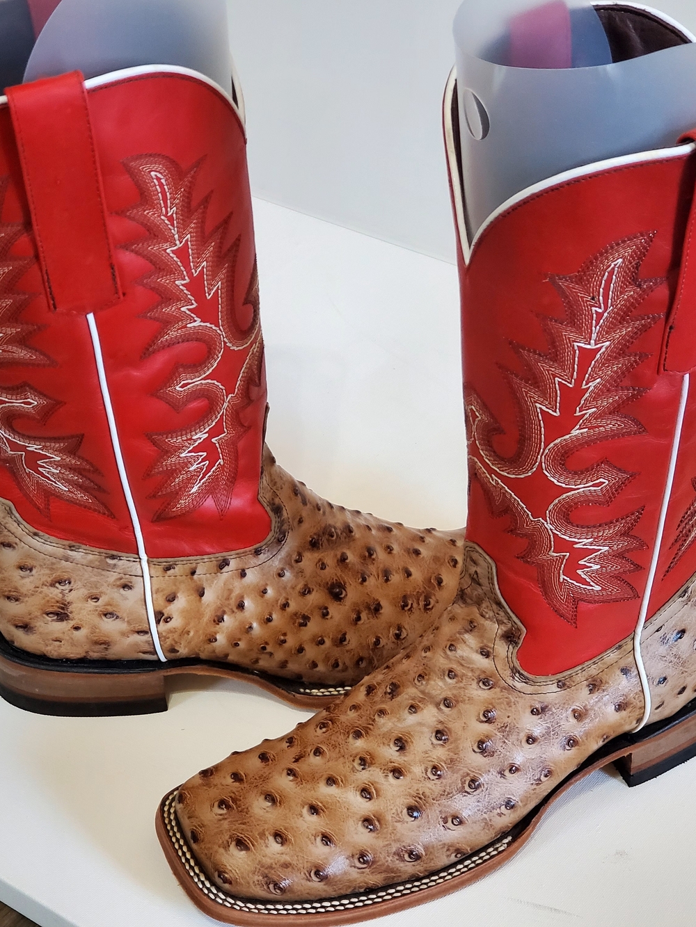 Men's Red Shaft Tan Ostrich Leather Western Boots 29EE Sz 11 Handtooled Like New